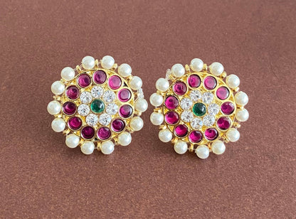 Gold tone precious kemp-green-white stone pearl round big stud/earrings dj-53221