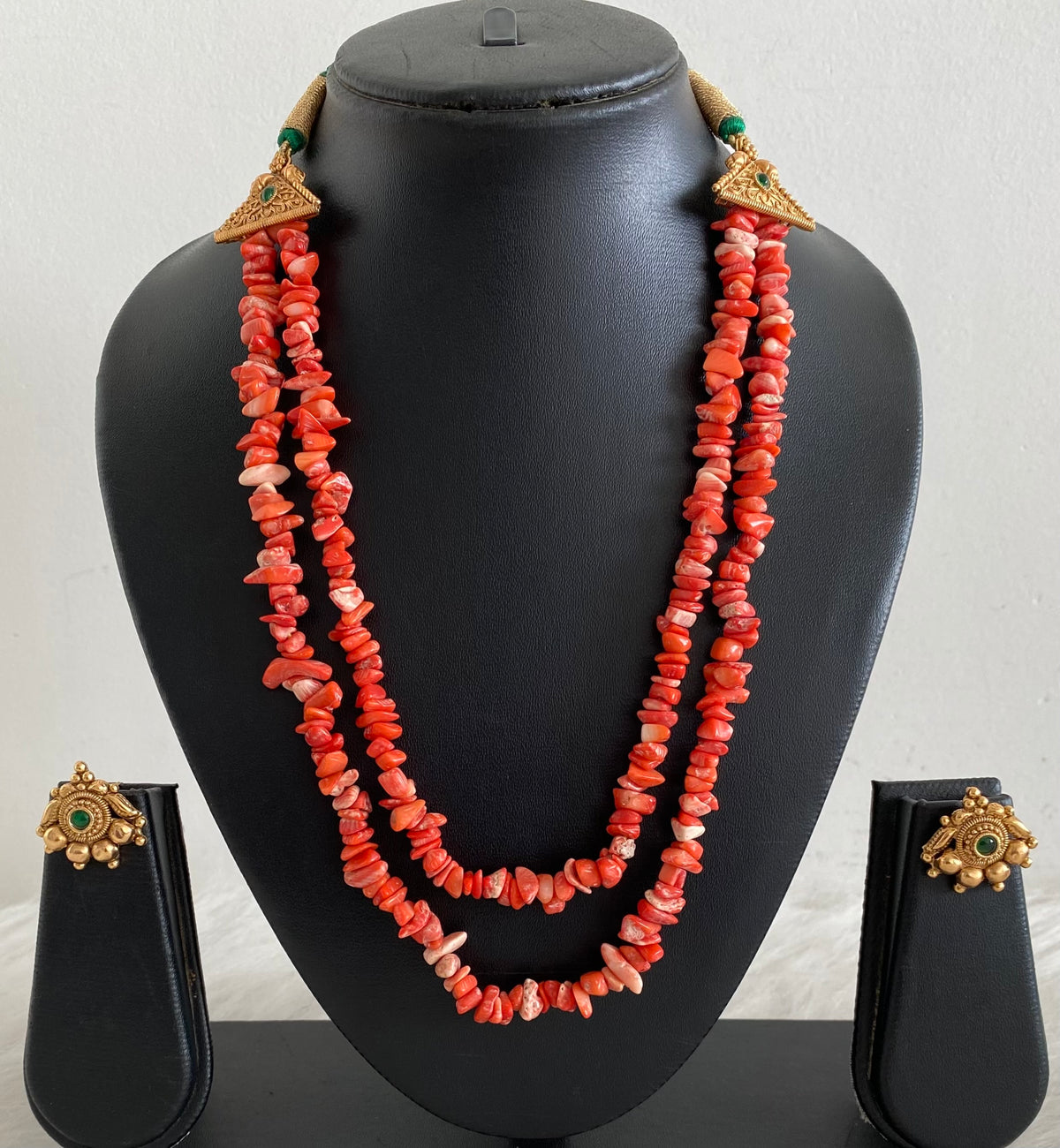 Antique gold tone coral beaded double layer necklace set dj-54967