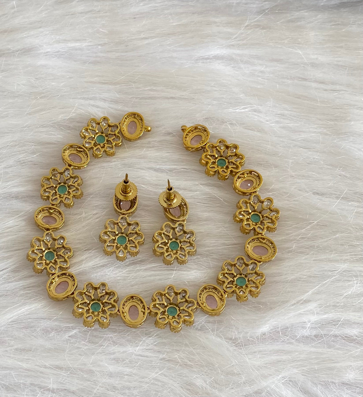 Antique gold tone cz white stone baby pink peacock green stone necklace set dj-54809