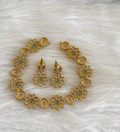 Antique gold tone cz white stone baby pink peacock green stone necklace set dj-54809