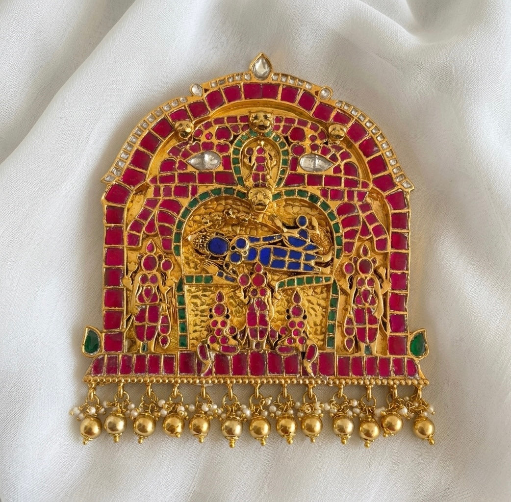Gold tone pink-green-blue-white kundan jadau Sri Ranganathar pendant dj-46030