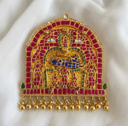 Gold tone pink-green-blue-white kundan jadau Sri Ranganathar pendant dj-46030