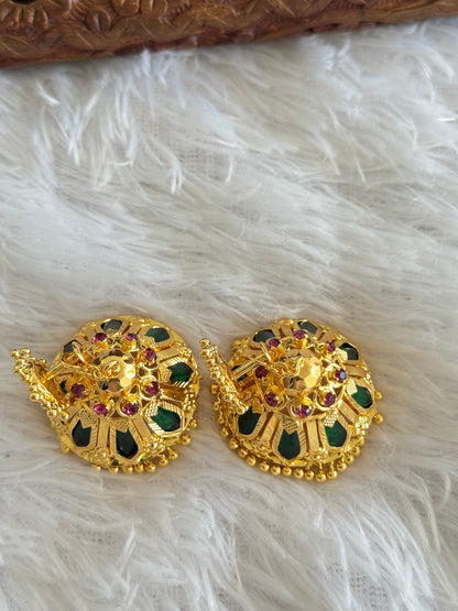 Gold tone pink-green Nagapadam Kerala style 8 petal jhumkka dj-40301