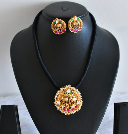 Matte finish pink-green kundan jadau black thread necklace set dj-52407