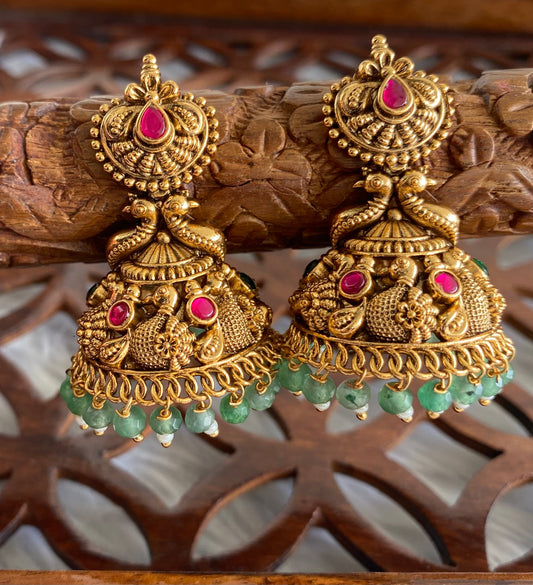 Antique gold tone pink-green beaded swan jhumkka dj-51051