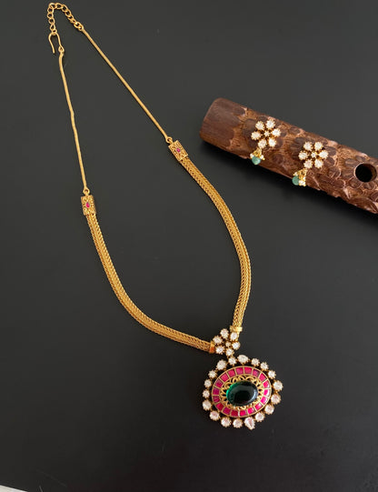 Antique gold tone pink-green-white kundan jadau necklace set dj-54435
