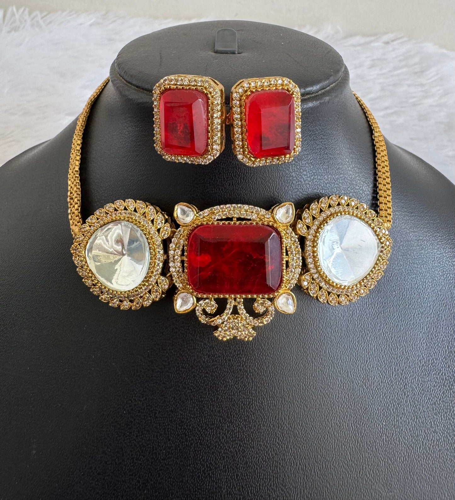 Antique gold tone cz big stone white-red choker necklace set dj-51082