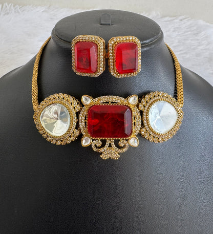 Antique gold tone cz big stone white-red choker necklace set dj-51082