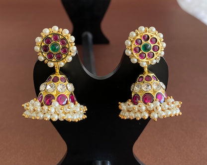 Gold tone precious kemp-green-white stone pearl jhumkka dj-53218
