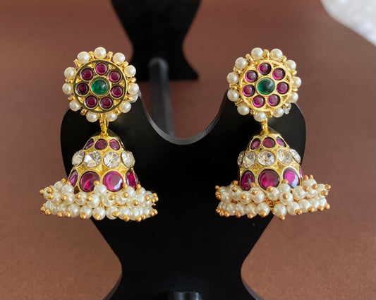 Gold tone precious kemp-green-white stone pearl jhumkka dj-53218