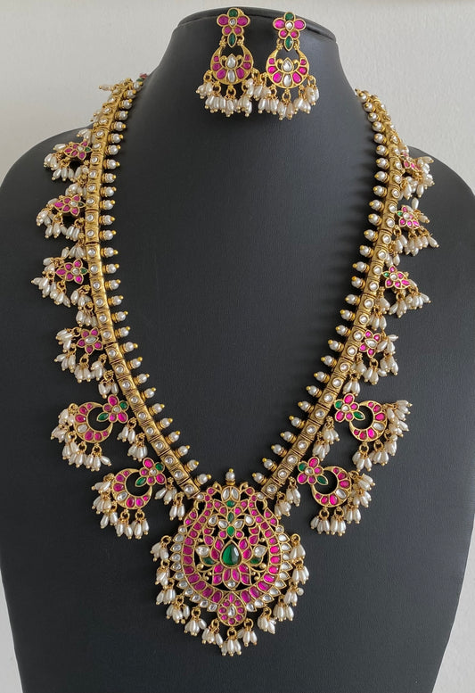 Antique gold tone peacock kundan jadau rice pearl haar set dj-54154