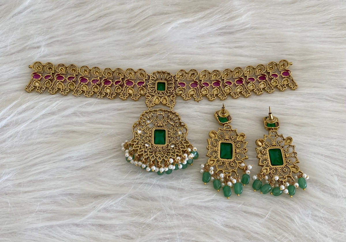 Antique gold tone ruby-white kundan green beaded choker necklace set dj-54802
