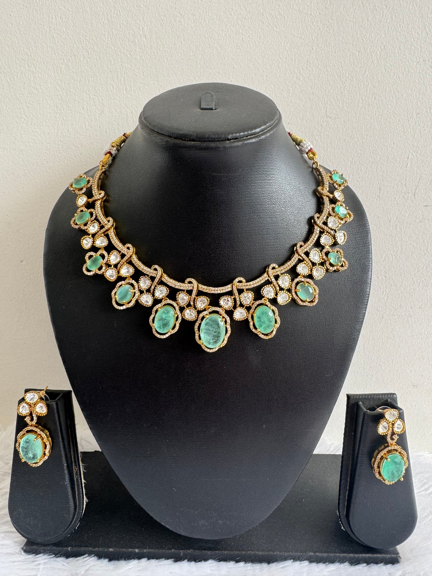 Antique gold tone cz sea green moissanite necklace set dj-51069