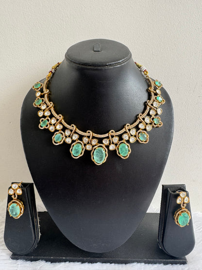 Antique gold tone cz sea green moissanite necklace set dj-51069