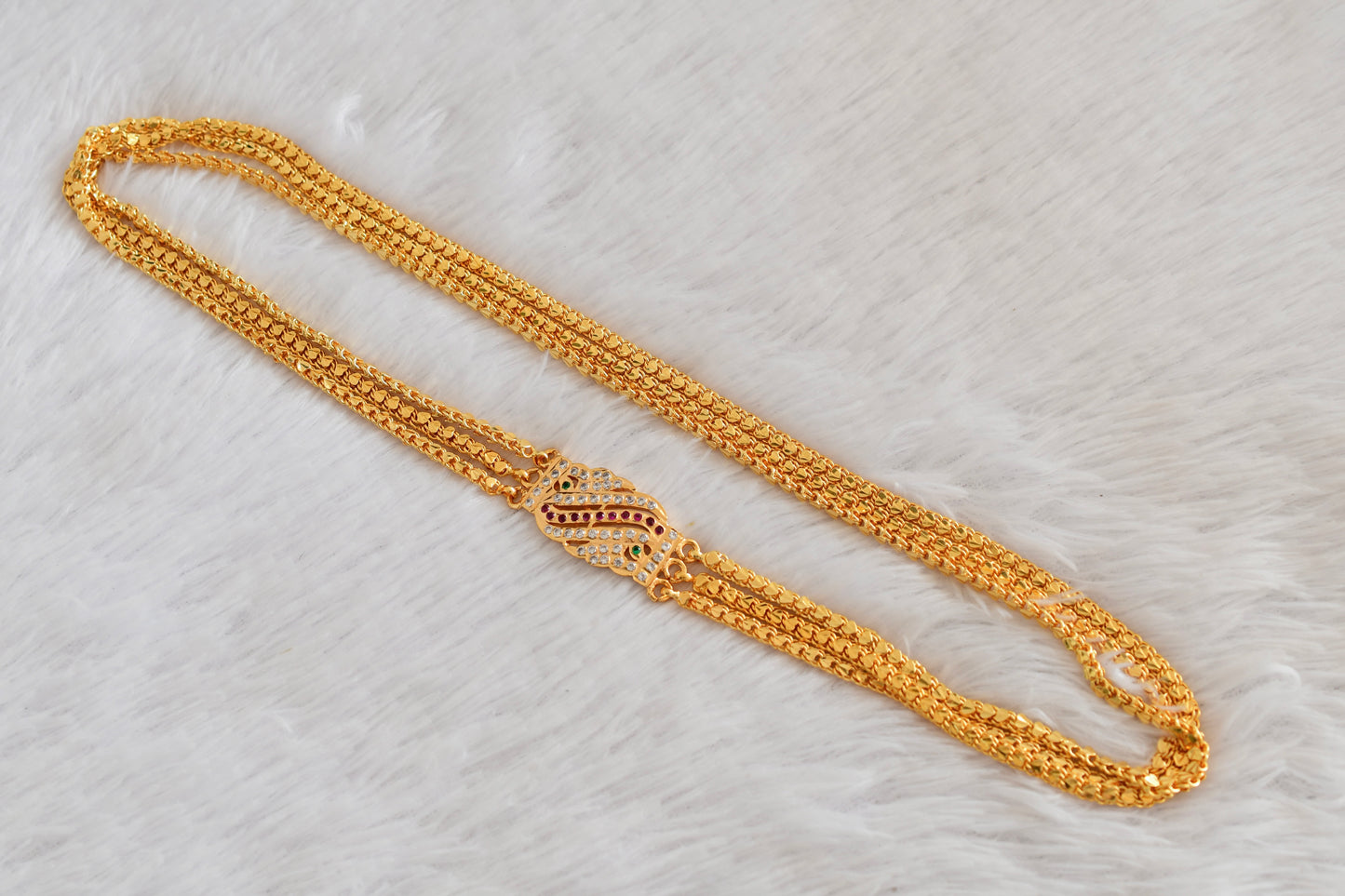 Gold tone 24 inches ruby-green-white triple layer mugappu chain Dj-53308
