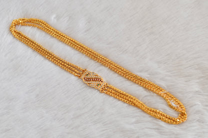 Gold tone 24 inches ruby-green-white triple layer mugappu chain Dj-53308