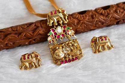 Antique gold tone pink-green elephant jadau necklace set dj-51833