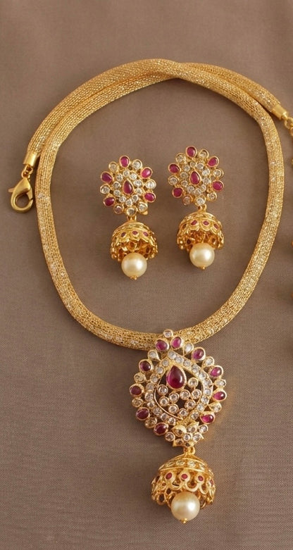 Gold Tone cz kemp jhumkka pendant necklace set-dj07391