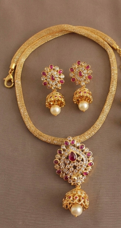 Gold Tone cz kemp jhumkka pendant necklace set-dj07391