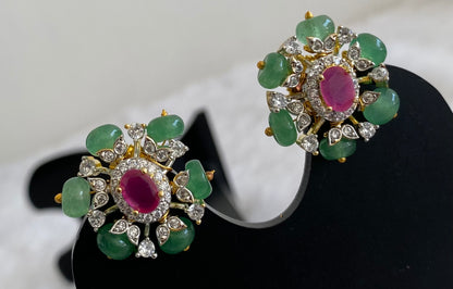 Two tone cz ruby stone green beaded stud/earrings dj-53561