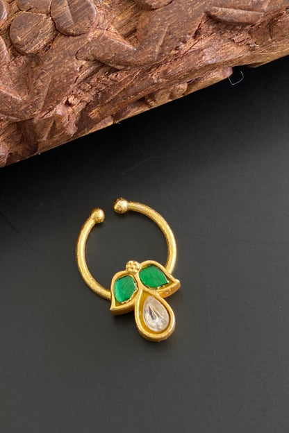Gold tone kundan jadau green-white stone nose pin/bulakku dj-53770