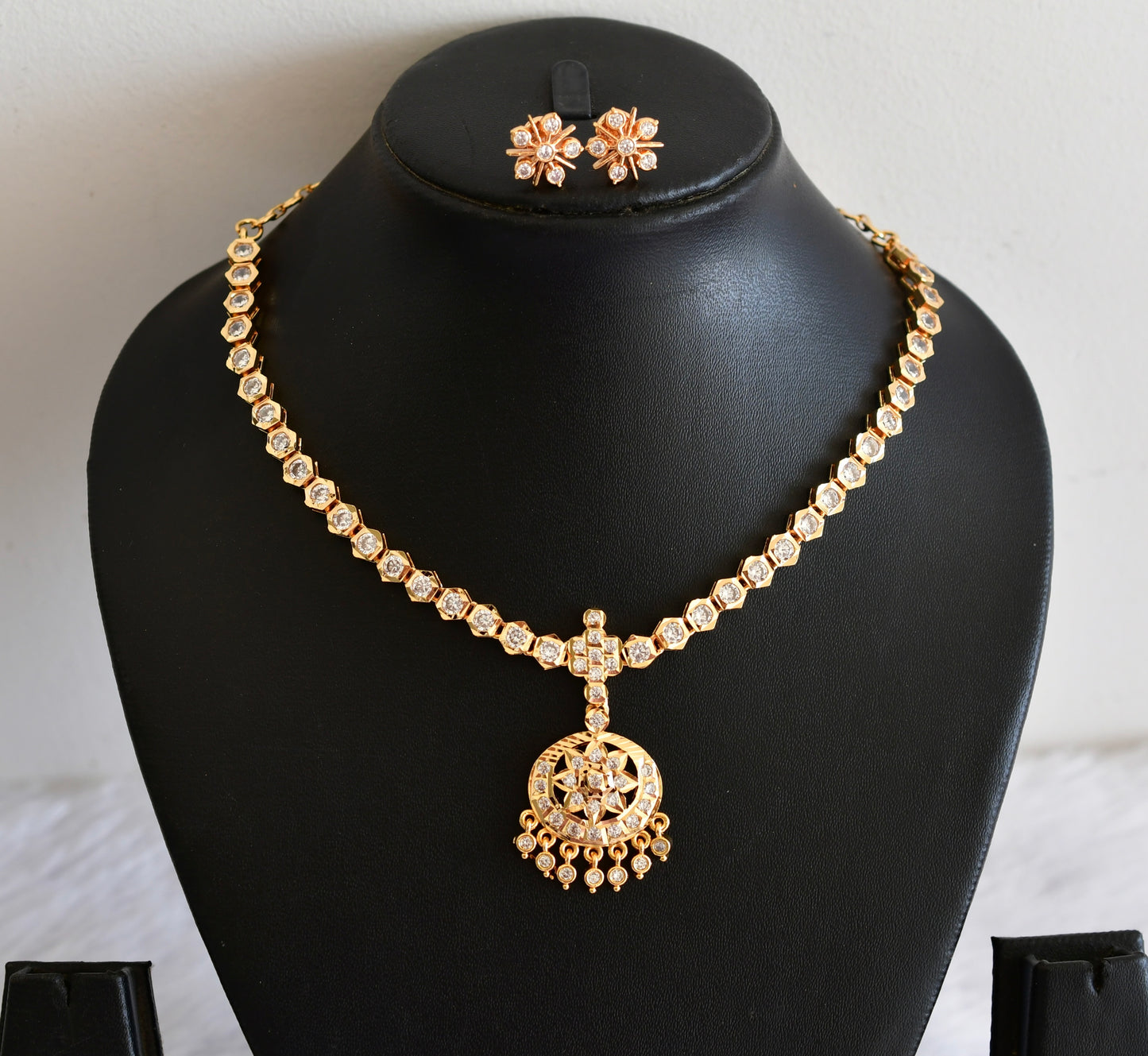 Gold tone AD white stone south Indian necklace set dj-53330