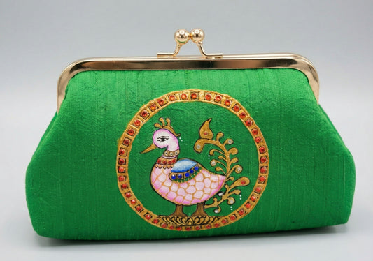 Tanjore painted green silk clutch dj-52654