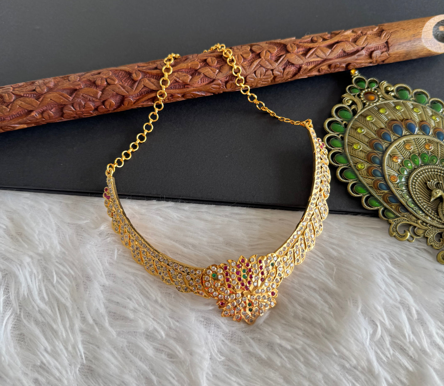 Gold tone South Indian style AD pink-green lotus attigai/necklace dj-52217