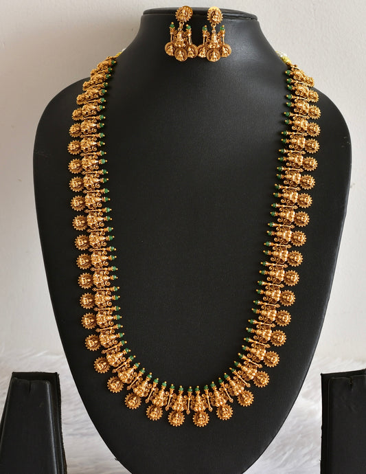 Antique gold tone green bead lakshmi haar set dj-52434