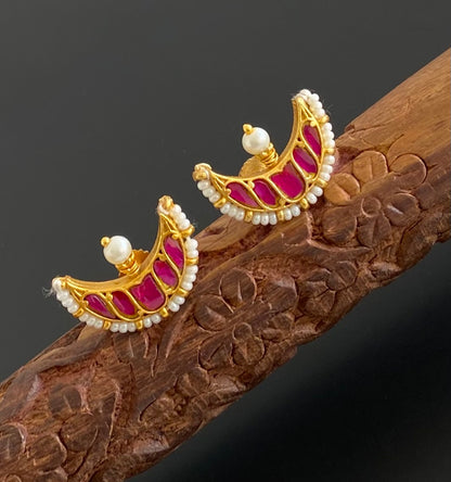 Gold tone pink pearl kundan jadau moon earrings dj-53554