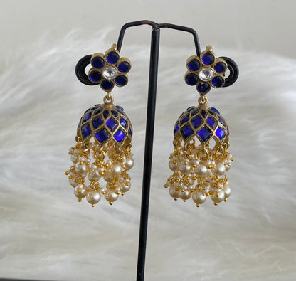 Antique gold tone blue-white stone kundan jadau pearl jhumkka  dj-54583