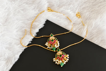 Gold tone pink-green-white kundan jadau anklets dj-52394