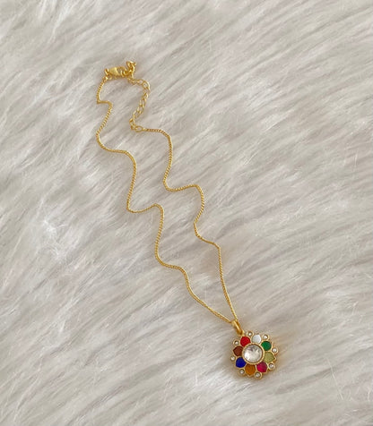 Gold tone navarathna flower kundan jadau chain with pendant dj-54503