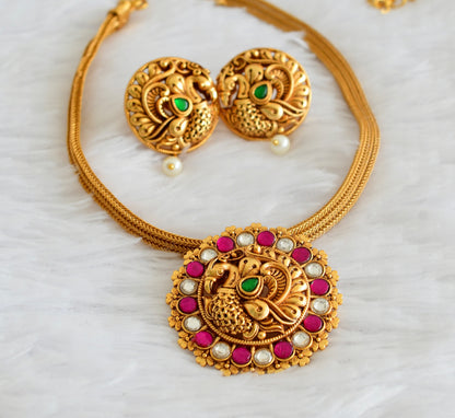 Matte finish pink-green-white kundan jadau peacock choker/necklace set dj-54023