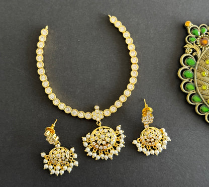 Gold Tone White AD South Indian Style Attigai/Necklace Set DJ28346