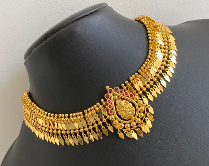 Gold tone kerala style elakka pink stone lakshmi choker necklace dj-54106