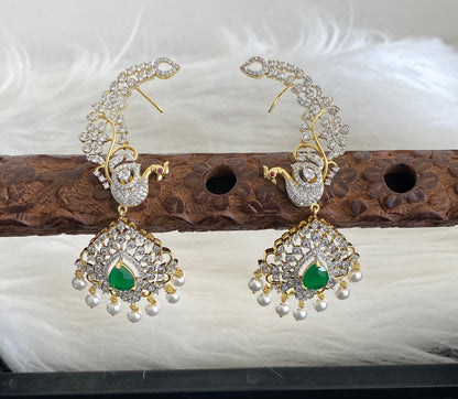 Two tone white-green stone pearl peacock khanpool earrings dj-54655