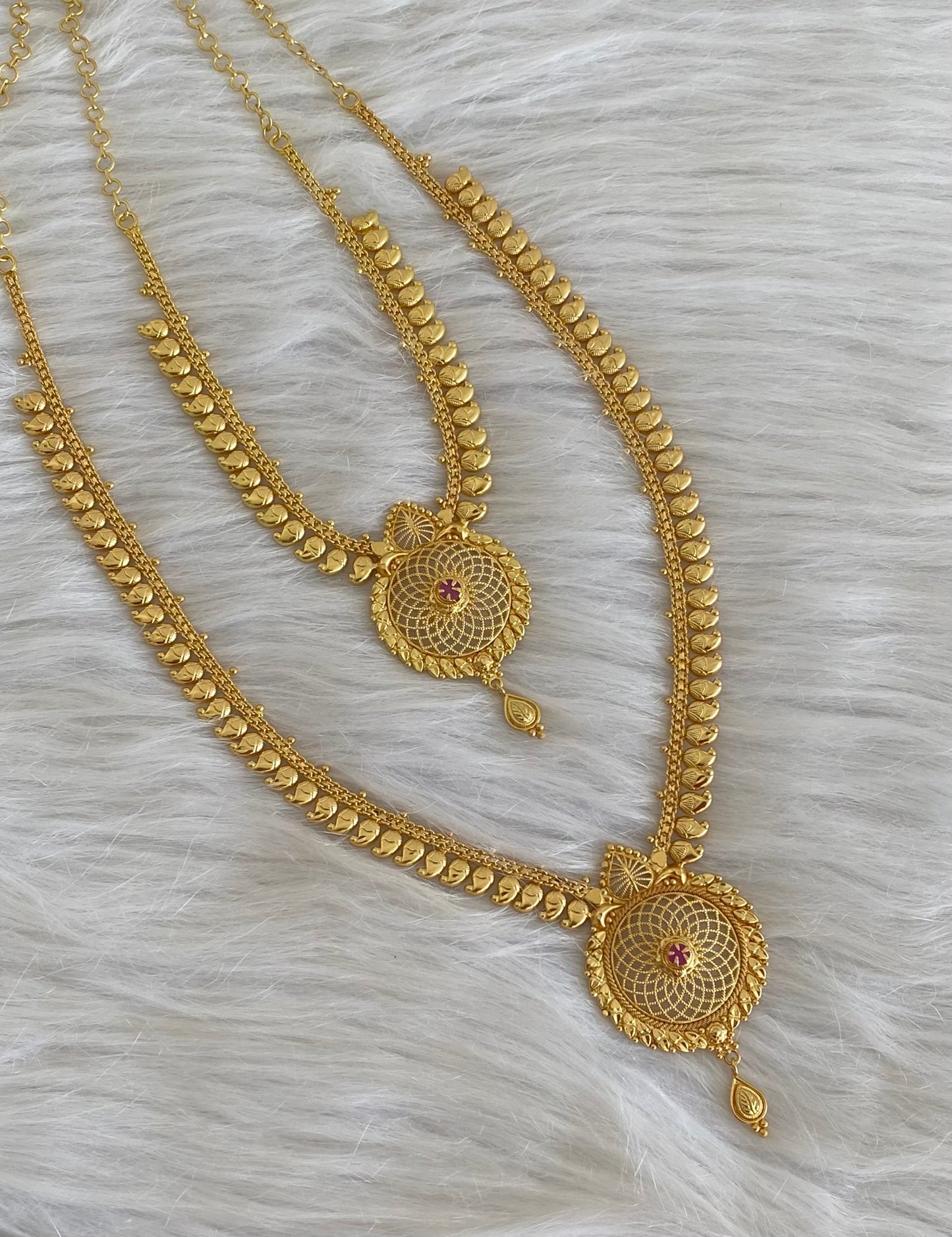 Gold tone ruby stone mango flower combo set dj-54291