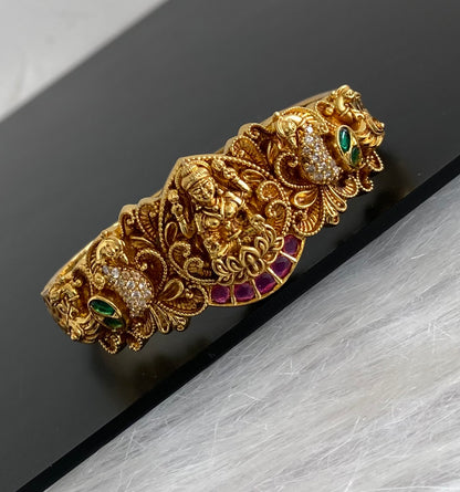 Antique gold tone kemp-green-white stone lakshmi peacock openable kada/bracelet dj-54853