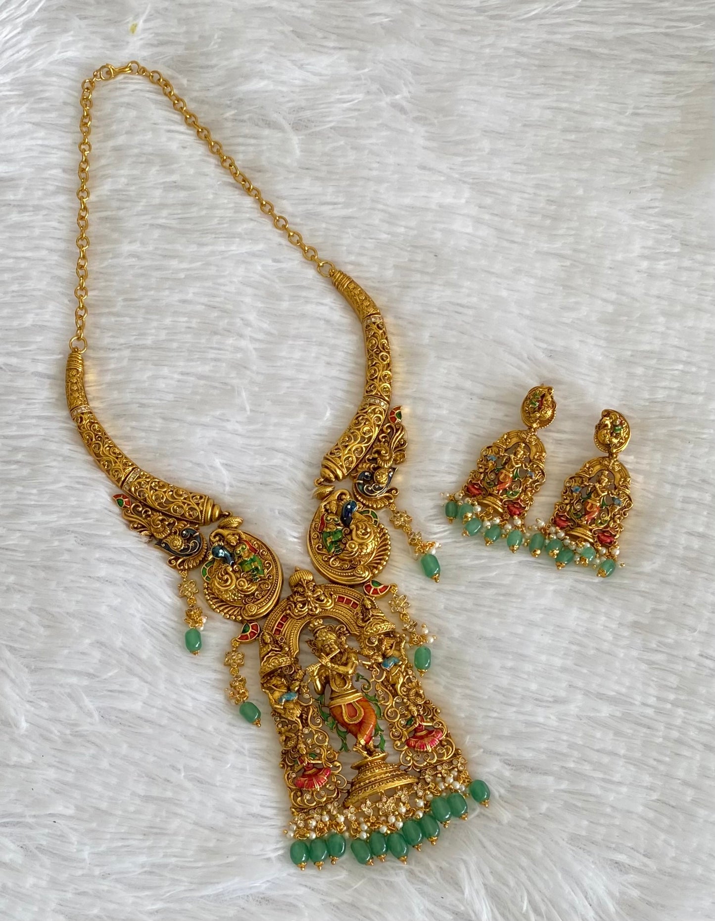 Matte finish green beaded meenakari krishna kante necklace set dj-54096