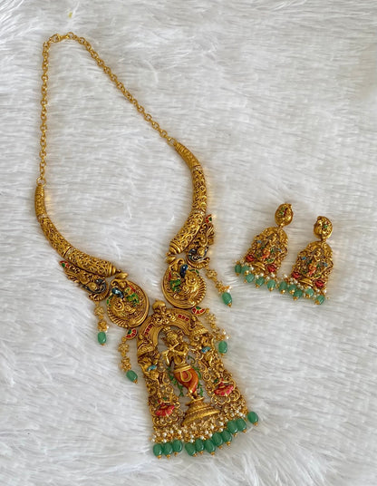 Matte finish green beaded meenakari krishna kante necklace set dj-54096