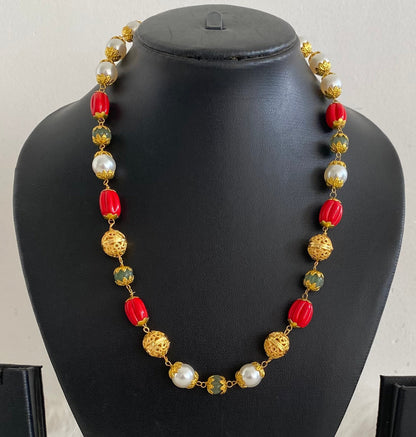 Gold tone coral-pearl gold beaded chain dj-55020