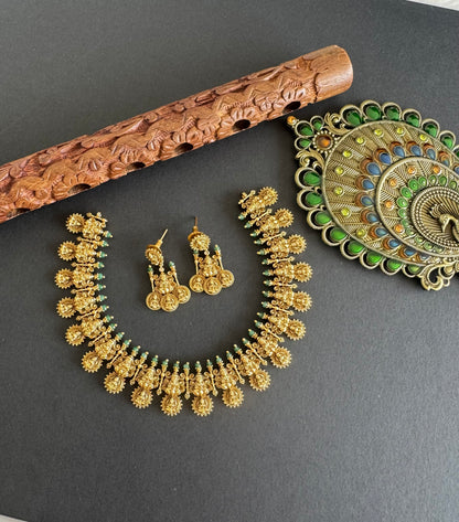 Antique gold tone lakshmi green beaded necklace set dj-52076