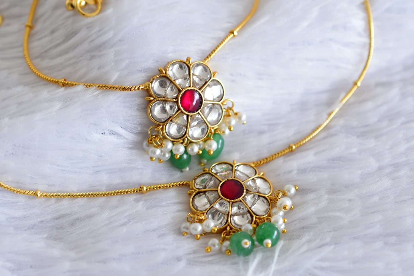 Gold tone pink-white-green flower kundan jadau anklets dj-52402