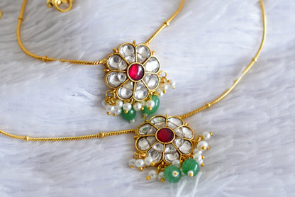 Gold tone pink-white-green flower kundan jadau anklets dj-52402