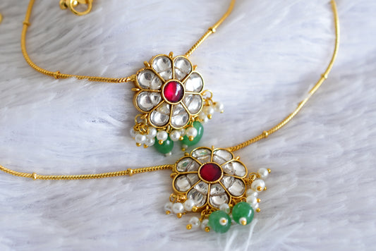 Gold tone pink-white-green flower kundan jadau anklets dj-52402