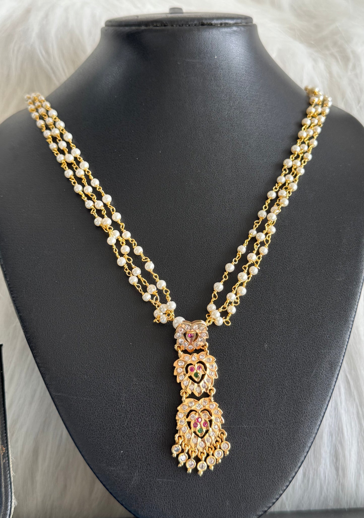 Gold tone AD pink-green heart step pendant with pearl chain dj-51117