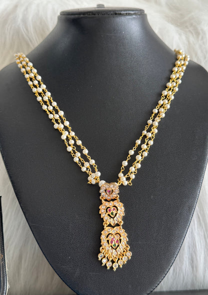 Gold tone AD pink-green heart step pendant with pearl chain dj-51117