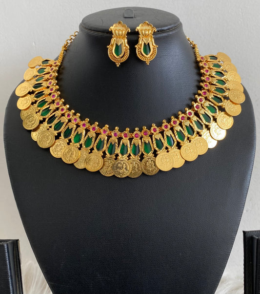 Gold Tone Ruby-green Nagapadam Lakshmi Coin Necklace Set Dj-51121