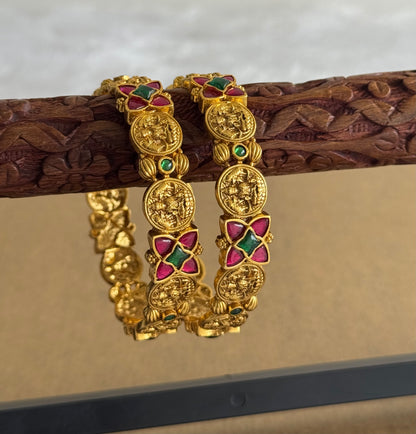 Matte finish pink-green lakshmi kundan jadau bangles(2.6) dj-51562